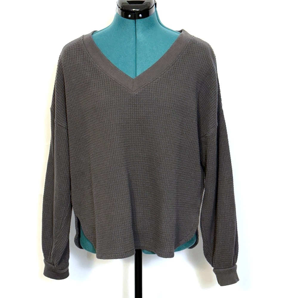 Madewell Womens Charcoal Grey Waffle Knit V-Neck Long Sleeve Top NI071 Size M